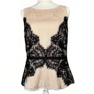 Loft Size 10 Lace Ivory Black Top Sleeveless Fitted Peplum Valentines Shell Tank